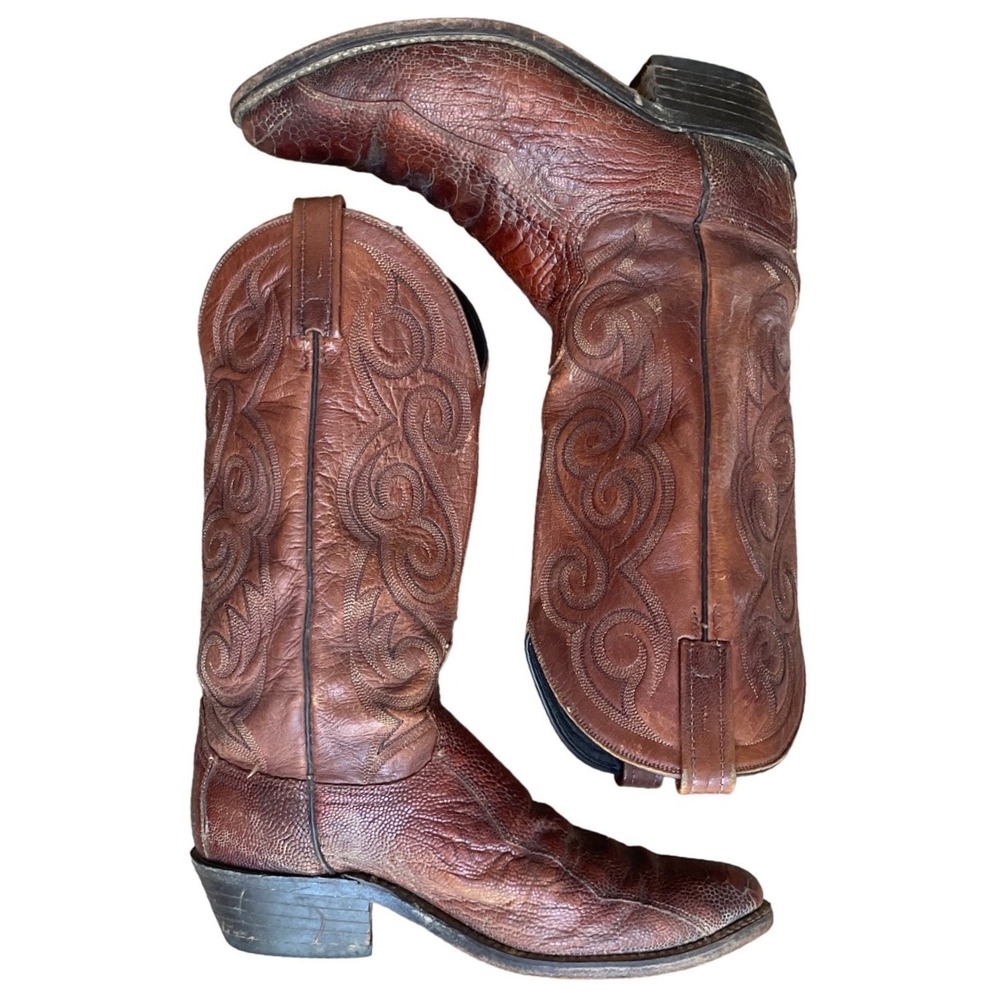 VTG Dan Post Mens Brown Ostrich Leg Leather Western Cowboy Boots 6636 Size 9D